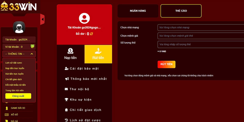 Với các bước đơn giản này, người chơi có thể dễ dàng rút tiền 33Win thông qua thẻ cào